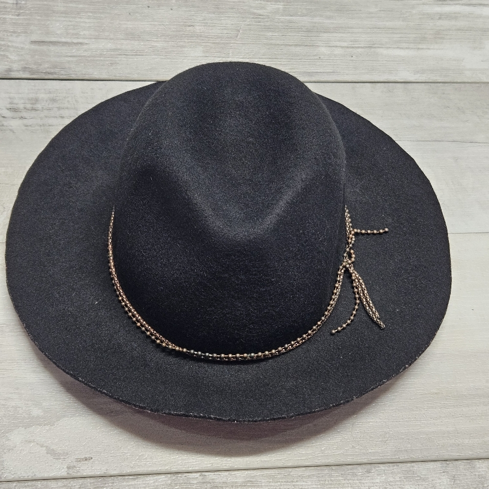 D&Y Black Wool Hat Chain Detail Boho One Size